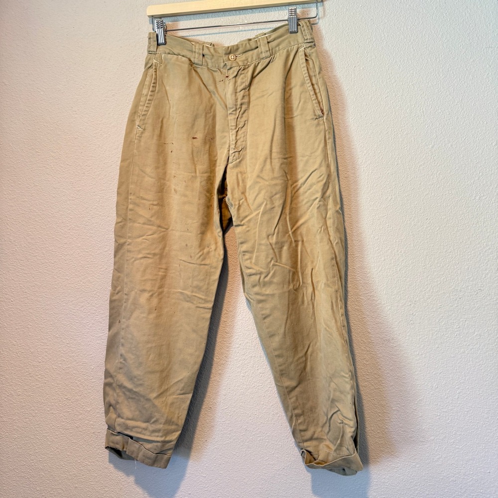 Vintage Military Khaki Chino Trousers Cotton Twill Button Fly Distressed Tan